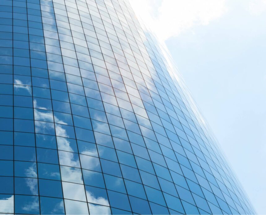 Close up on an office building with glass windows