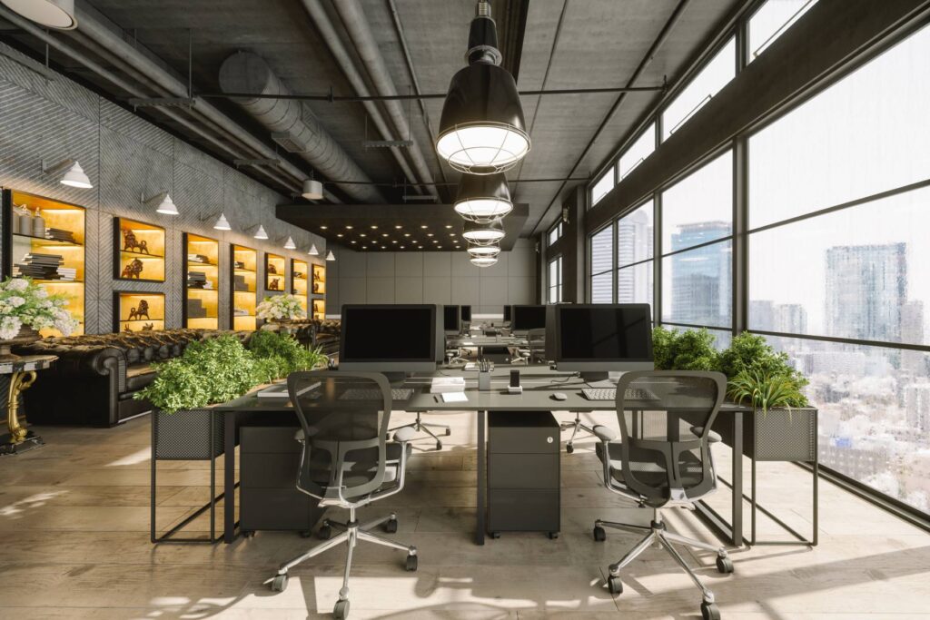 Office space with plants and floor to ceiling window on the right looking into the city