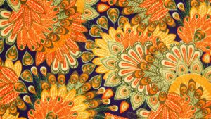 Vintage 1970s peacock pattern in orange, olive green and gold