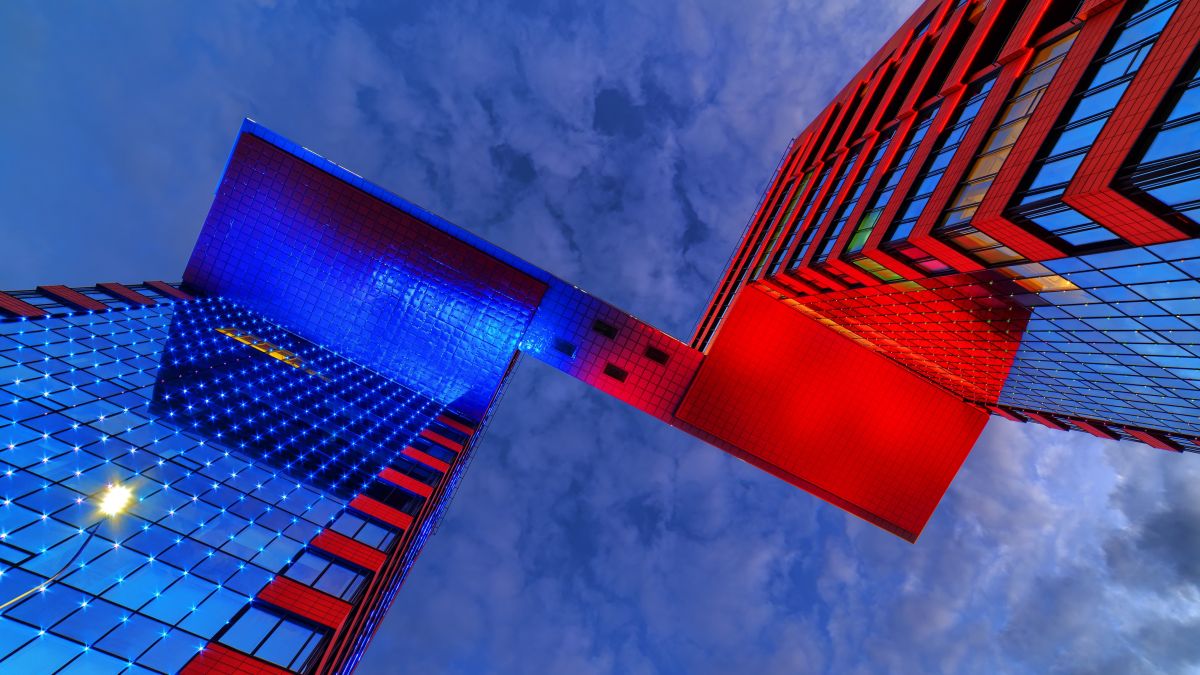 modern architecture with blue and red lighting